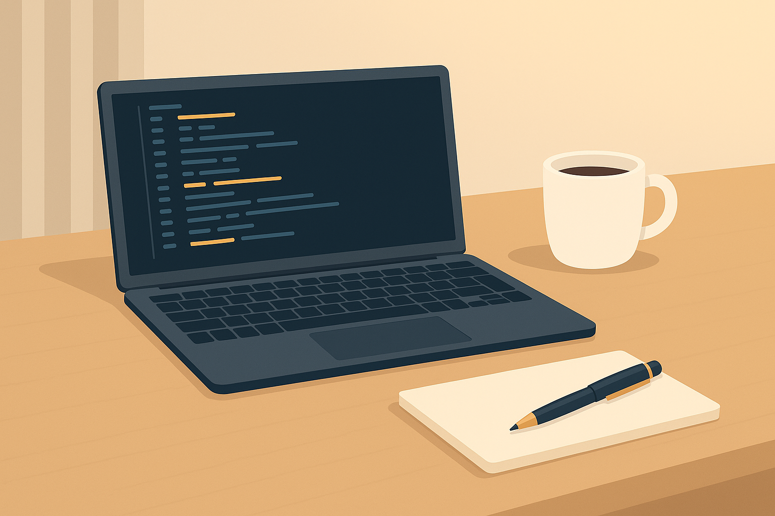 Spațiu de lucru minimalist cu laptop, caiet și cafea – simbol al învățării continue